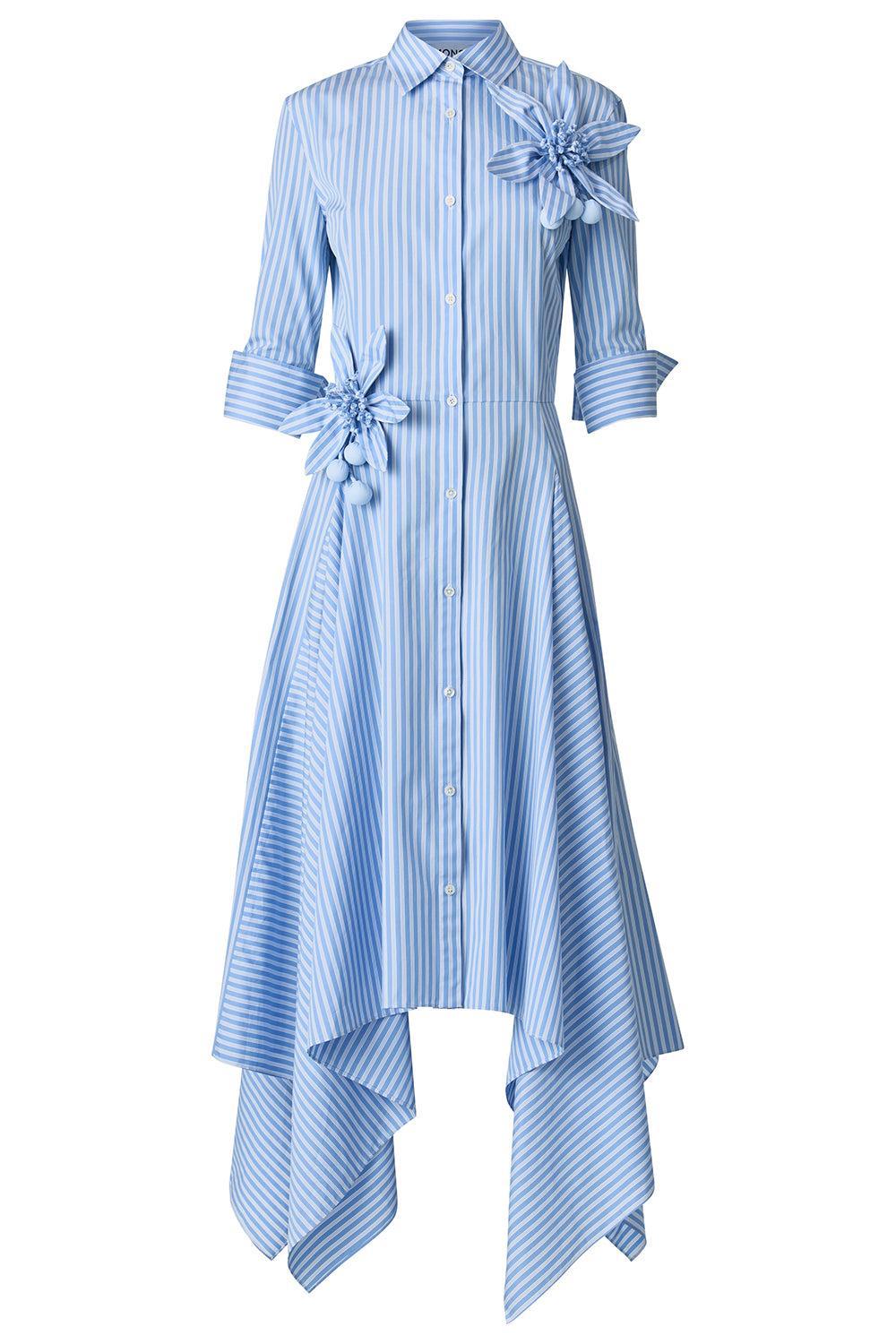Lemon Flower Stripe Maxi Shirt Dress-BLUE-2-CLOTHINGDRESSCASUAL-MONSE