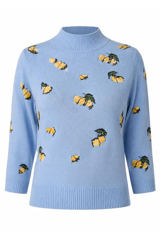 Lemon Print Mock Neck Top-BLUE-XS-CLOTHINGTOPSWEATER-MONSE
