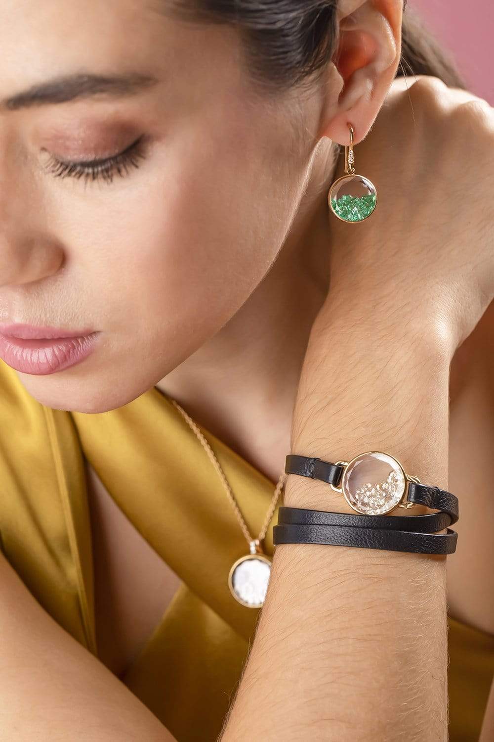MORITZ GLIK-Champagne Diamond Shaker Leather Wrap Bracelet-YELLOW GOLD