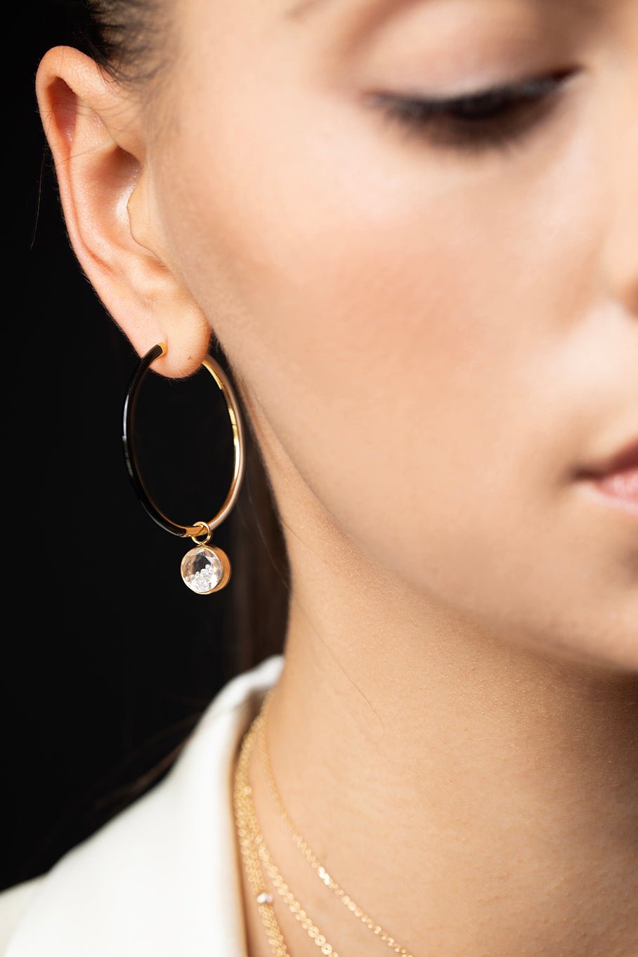 MORITZ GLIK-Black and White Enamel Hoop Earrings-YELLOW GOLD