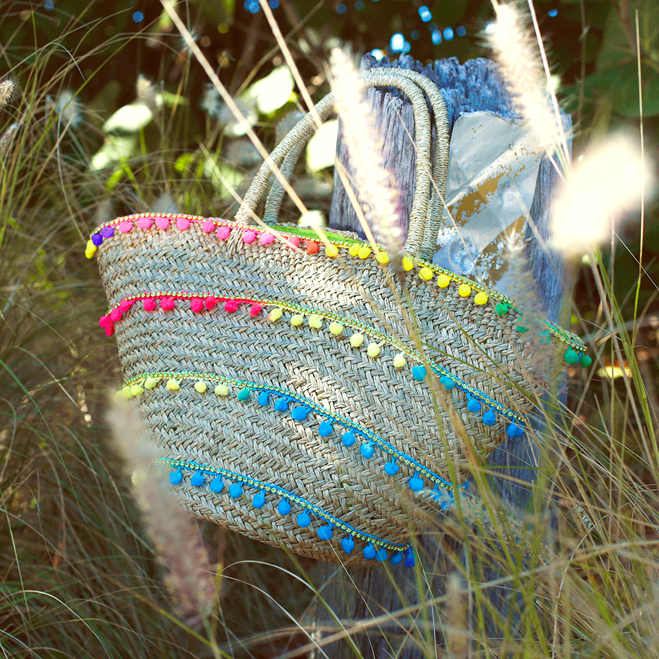 MYSTIQUE-Charleston Stripe Pom Straw Basket-MULTI