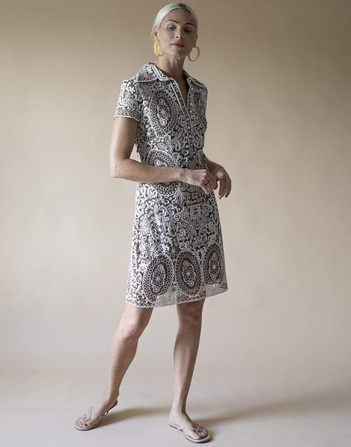 NAEEM KHAN-Silk Embroidered Eyelet Polo Dress-BROWN