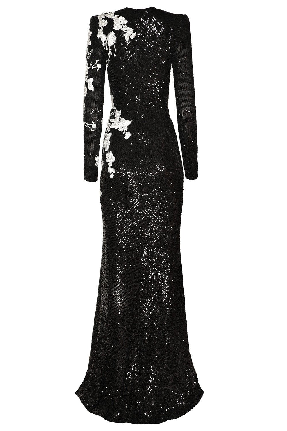 NAEEM KHAN-Long Sleeve Sequin Gown-BLK/WHT