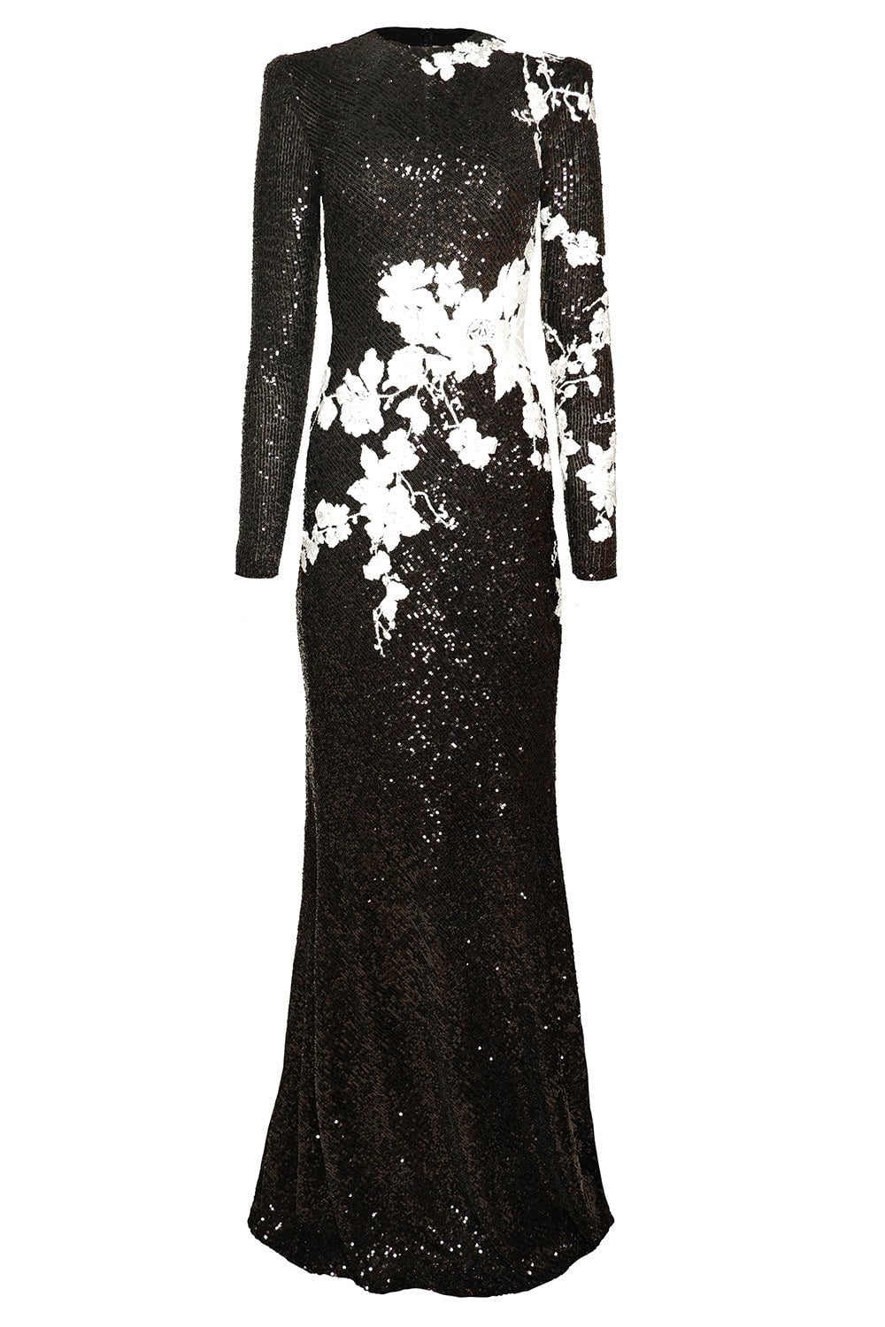 NAEEM KHAN-Long Sleeve Sequin Gown-BLK/WHT