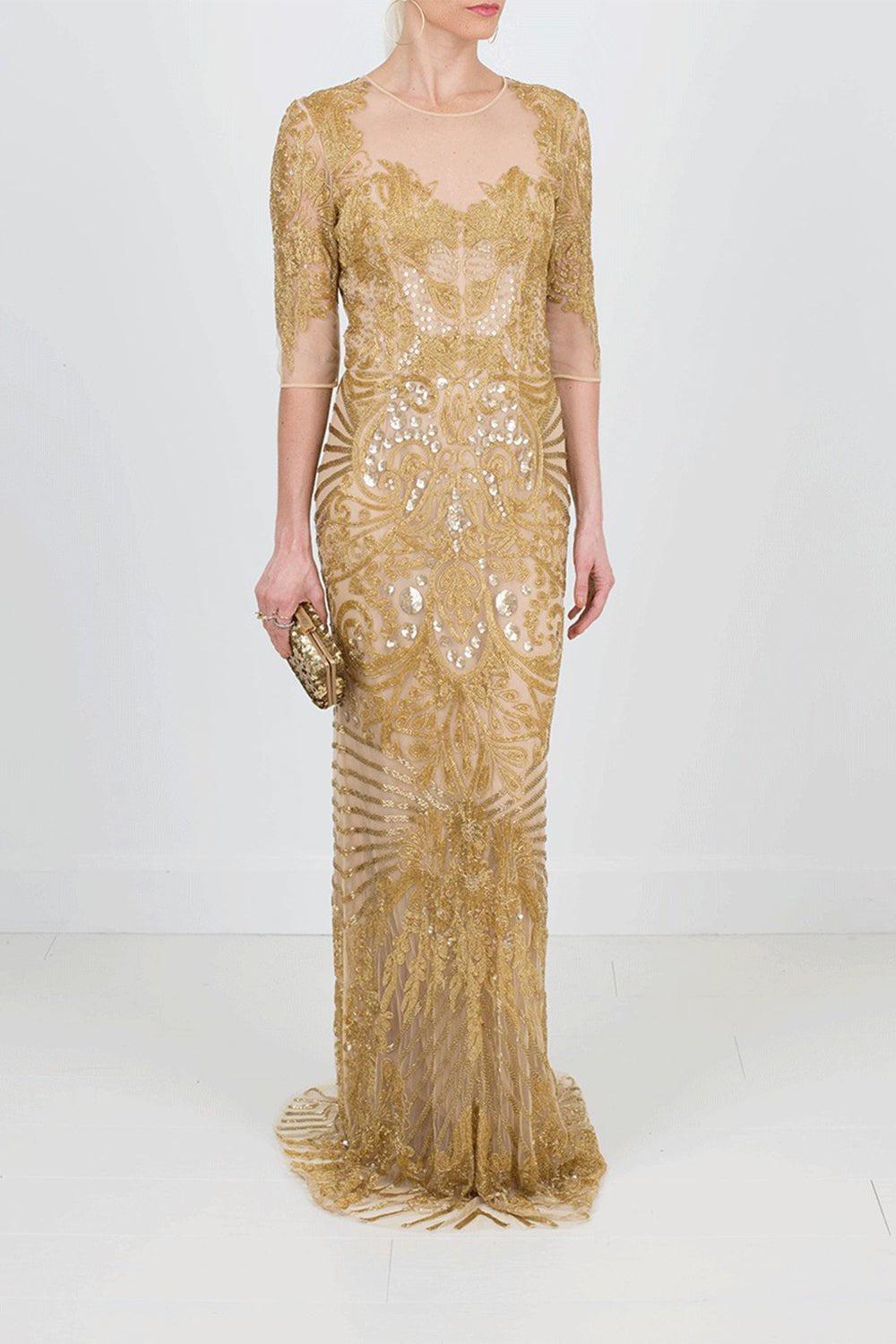 NAEEM KHAN-Illusion Neckline Embroidered Gown-GOLD