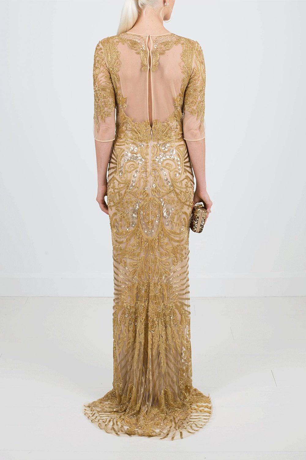 NAEEM KHAN-Illusion Neckline Embroidered Gown-GOLD