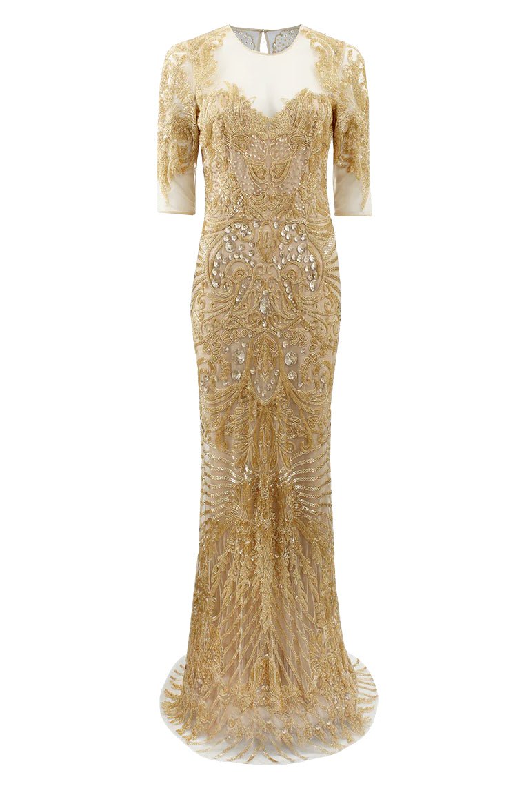 NAEEM KHAN-Illusion Neckline Embroidered Gown-GOLD