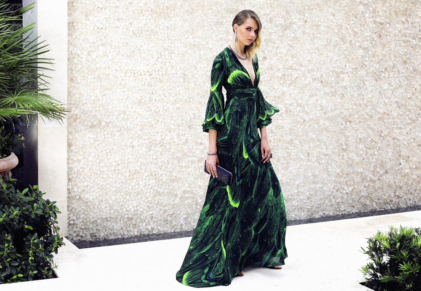 NAEEM KHAN-Long Sleeve V Neck Gown-