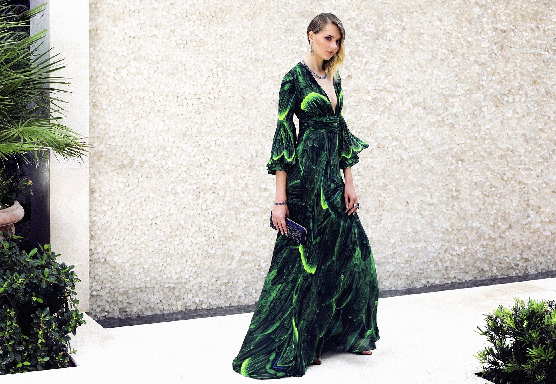 NAEEM KHAN-Long Sleeve V Neck Gown-