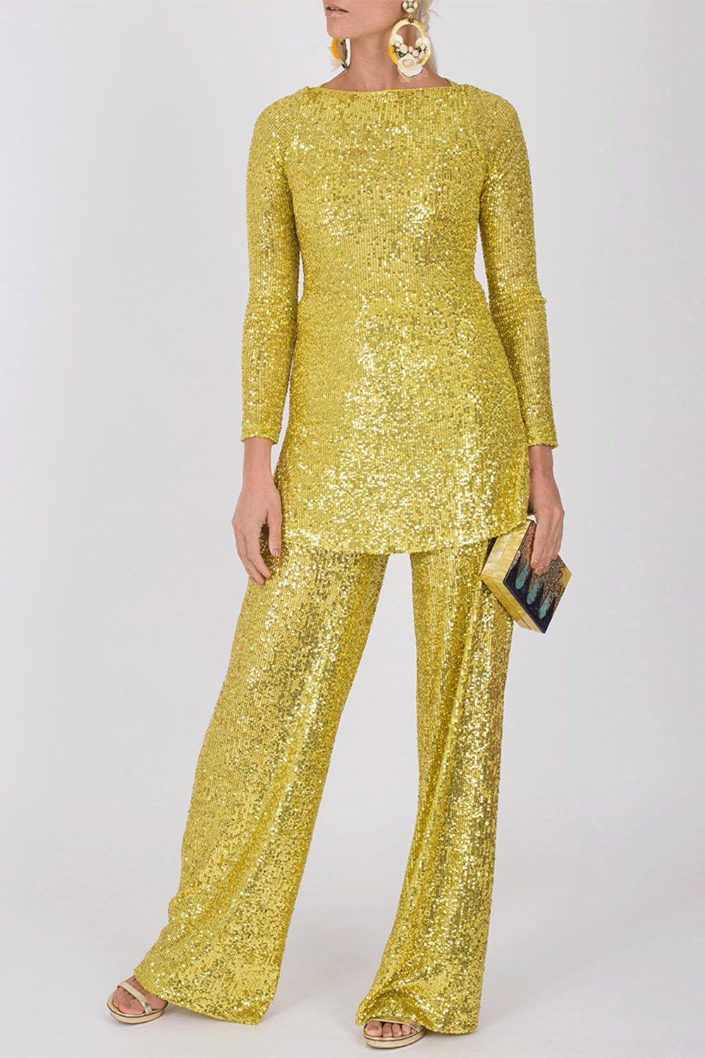 NAEEM KHAN-Lime Sequin Knit Pant-