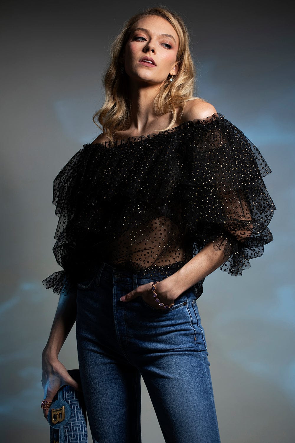 NAEEM KHAN-Off Shoulder Ruffle Blouse-