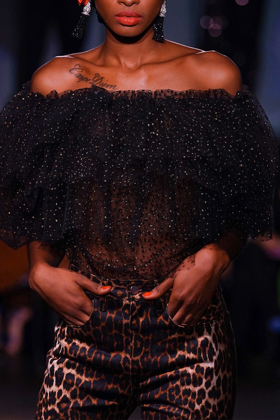 NAEEM KHAN-Off Shoulder Ruffle Blouse-