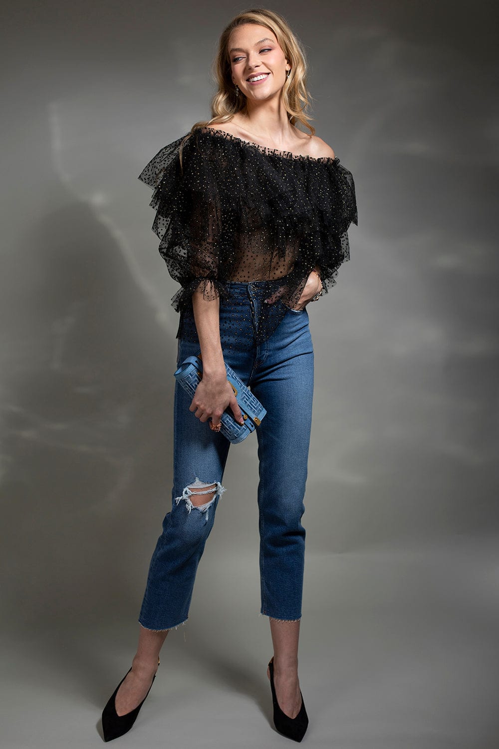 NAEEM KHAN-Off Shoulder Ruffle Blouse-