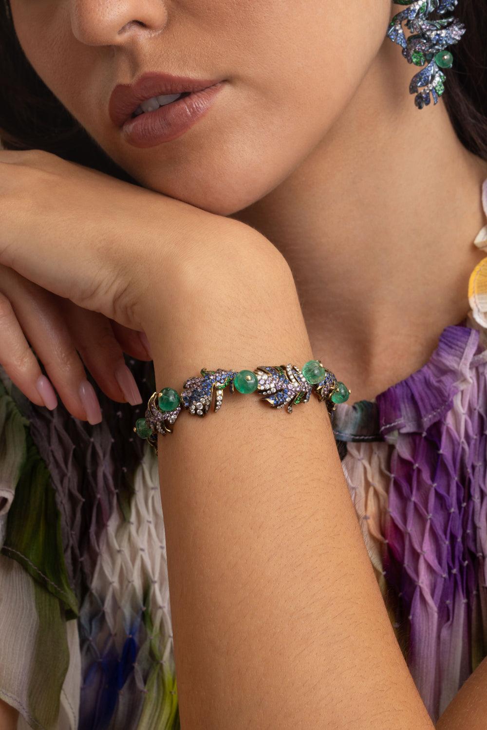 Multi Sapphire Diamond La Pluma Loriini Bracelet-TITANIUM-7.5-JEWELRYFINE JEWELBRACELET O-NEHA DANI