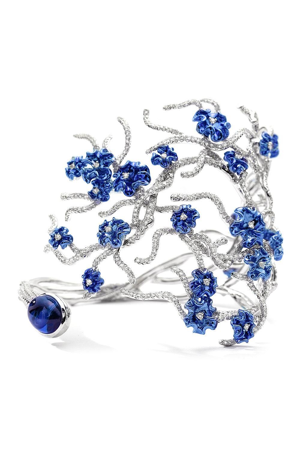 Tanzanite Diamond Floral Annali Cuff Bracelet-WHITE GOLD-JEWELRYFINE JEWELBRACELET O-NEHA DANI