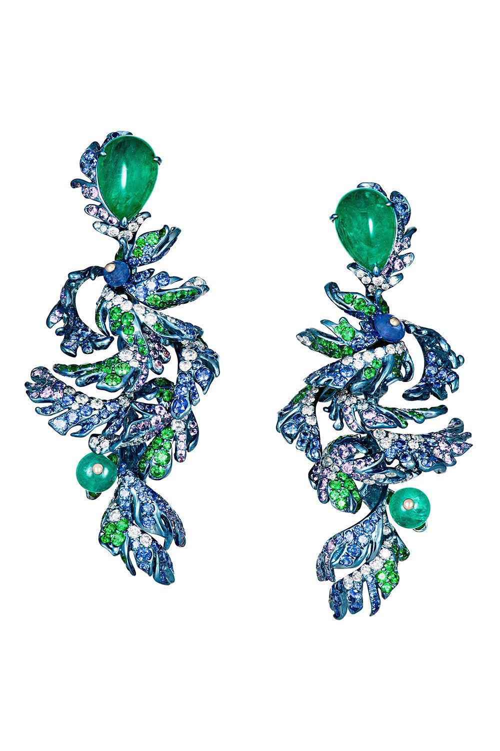 Multi Sapphire La Pluma Pavona Earrings-TITANIUM-JEWELRYFINE JEWELEARRING-NEHA DANI