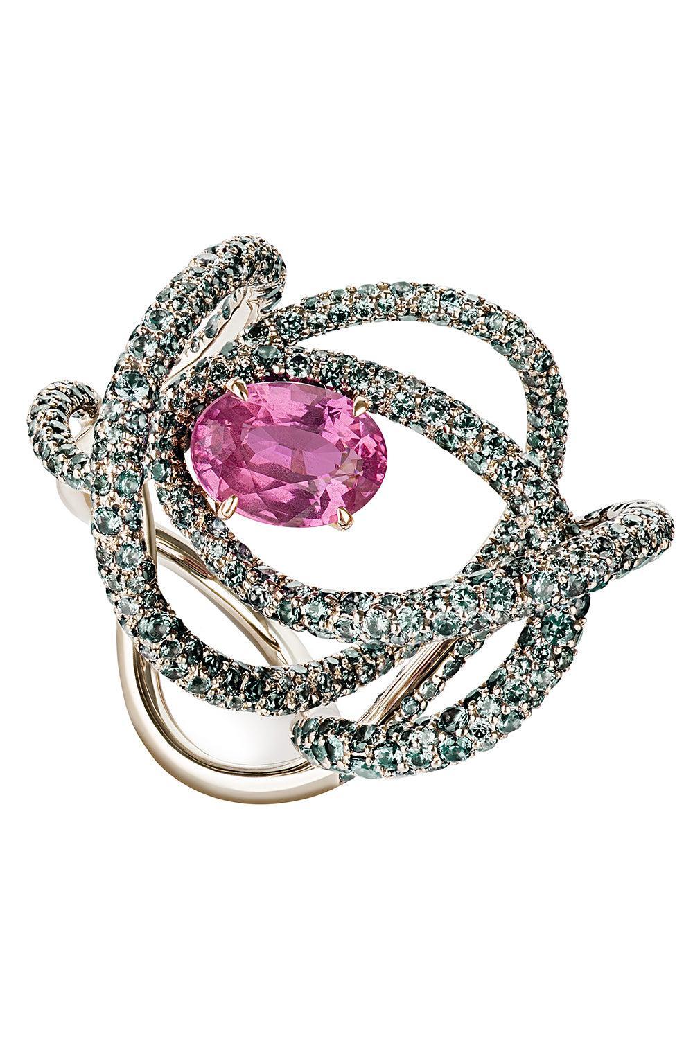 Pink Sapphire Green Garnet Kephi Ring-WHITE GOLD-6-JEWELRYFINE JEWELRING-NEHA DANI