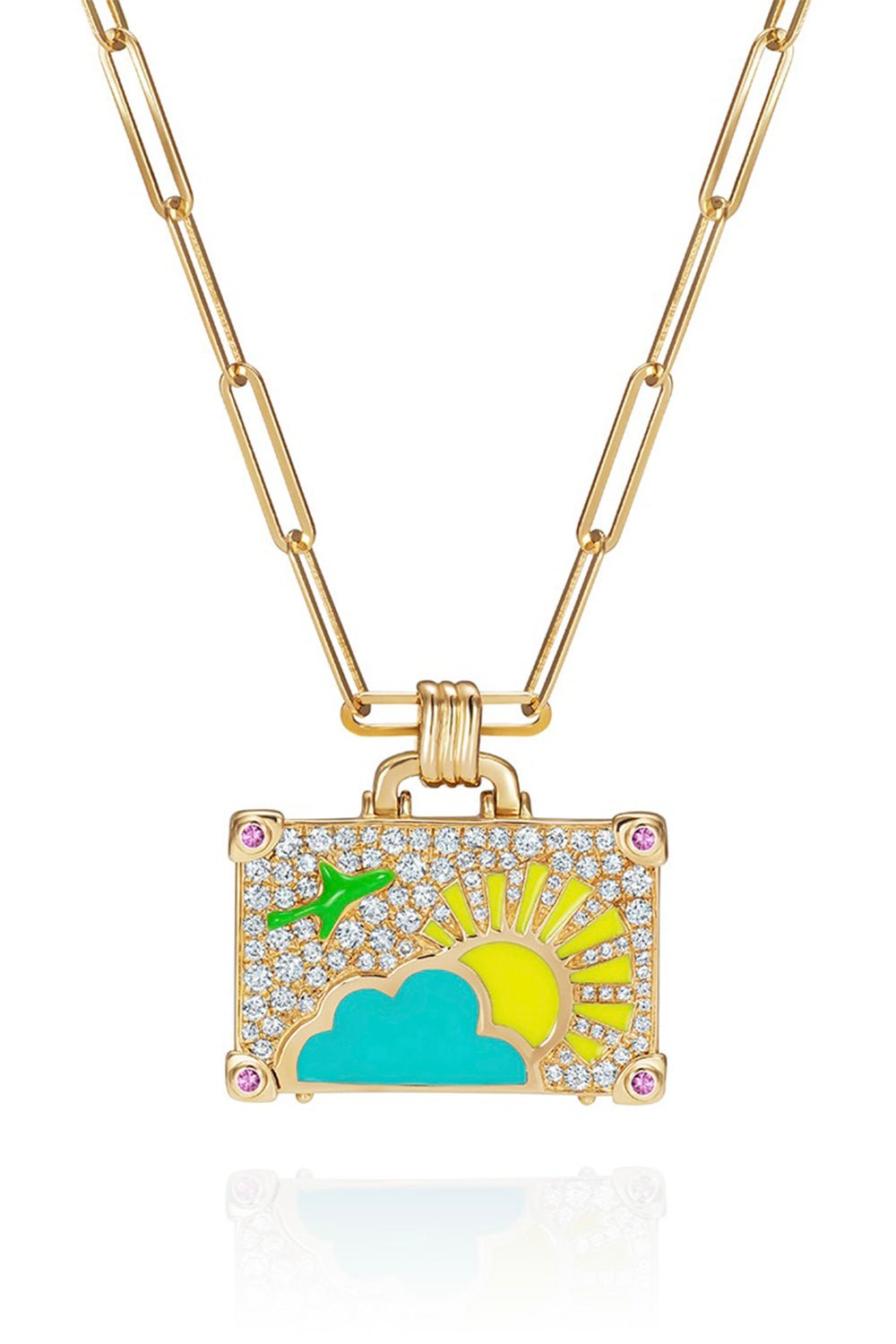 NEVERNOT-Small Diamond Pink Sapphire Weekend Trip Suitcase Necklace-YELLOW GOLD