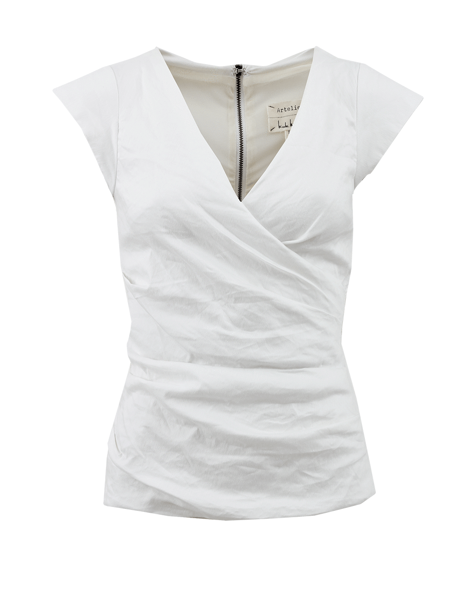 NICOLE MILLER-V-Neck Ruch Top With Back Zip-