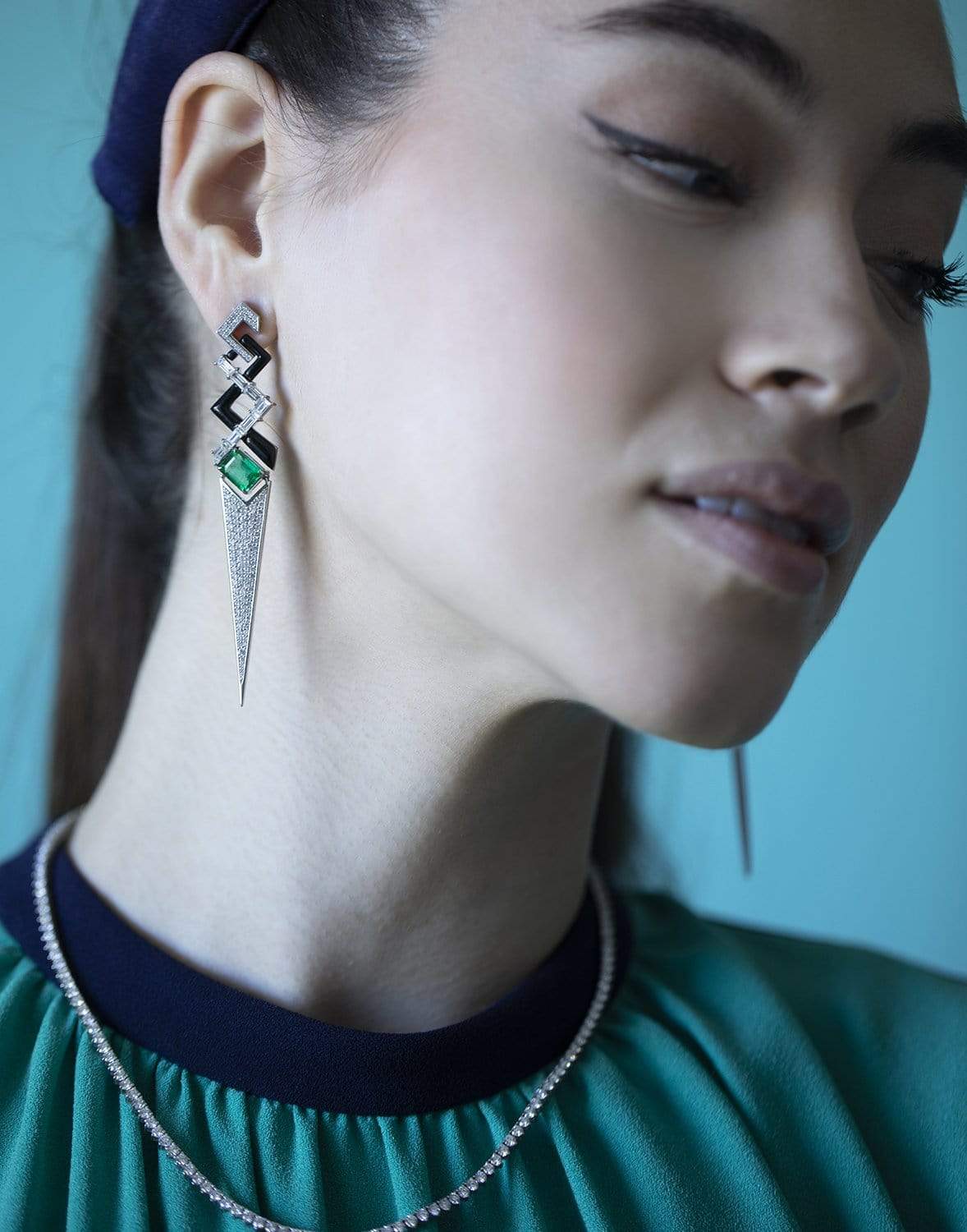 NIKOS KOULIS-V Emerald Diamond and Black Enamel Earrings-WHITE GOLD