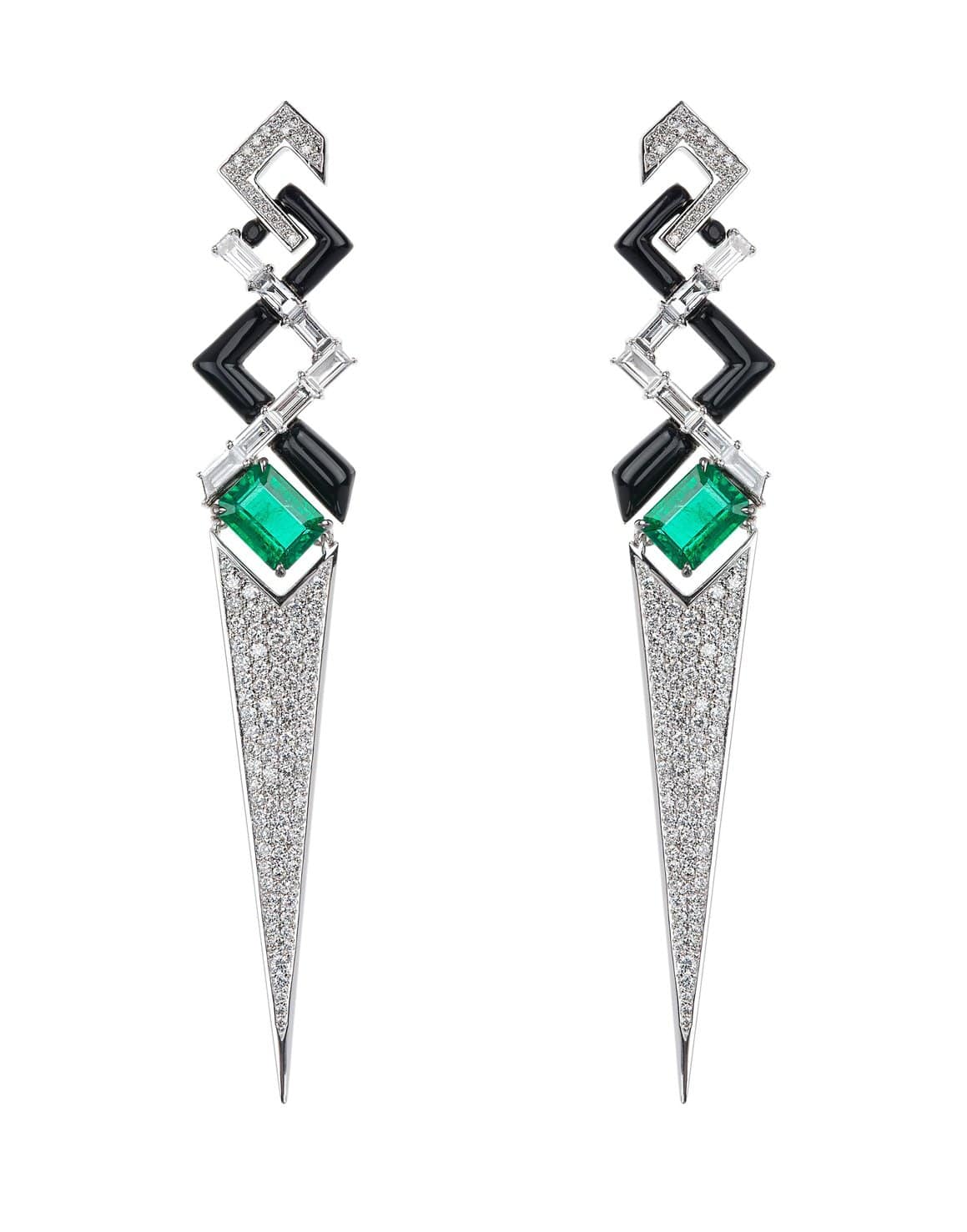 Enerald and diamond earrings with Black enamel by Nikos Koulis