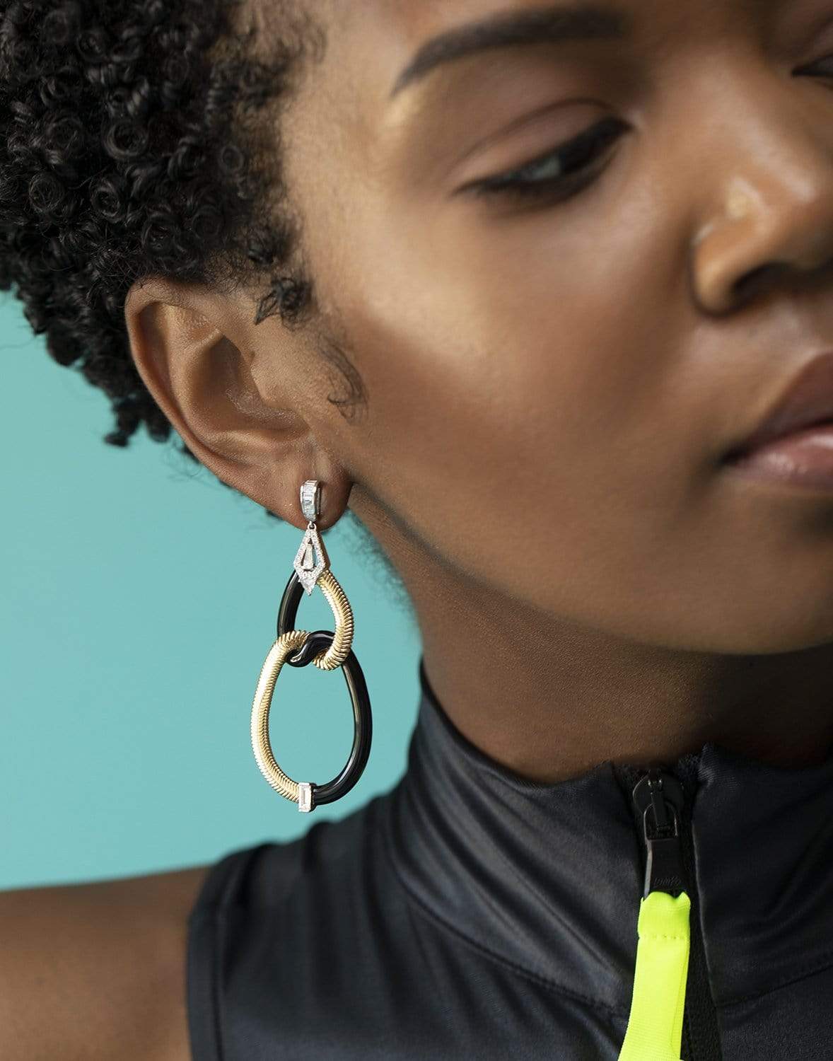 NIKOS KOULIS-Feelings Diamond Black Enamel Earrings-YELLOW GOLD