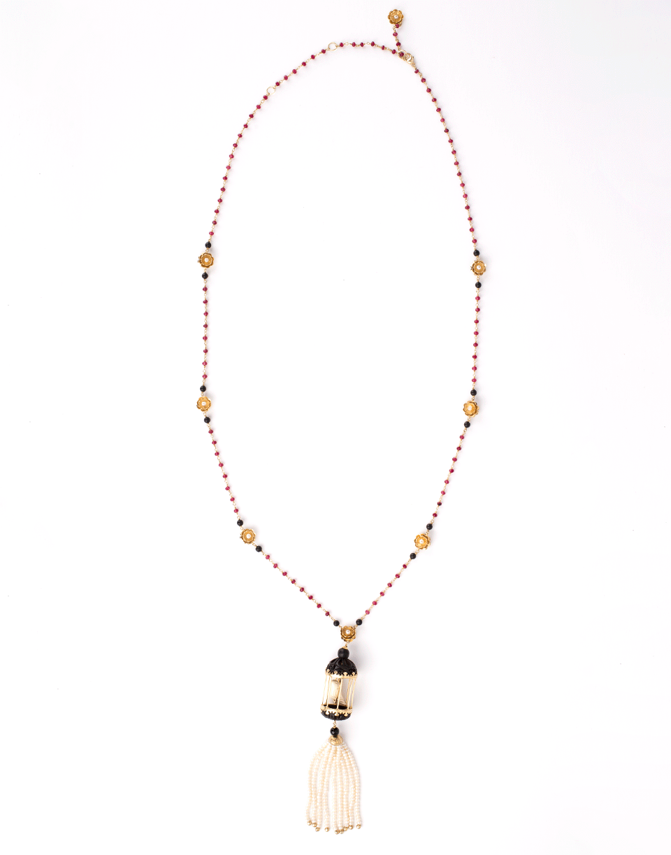 OF RARE ORIGIN-Tassel Birdcage Necklace-PNK/BLK