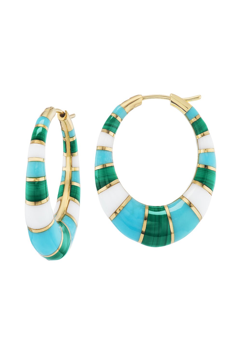 ORLY MARCEL-CHUNKY INLAY GREEN WHITE HOOP EARRINGS-YELLOW GOLD