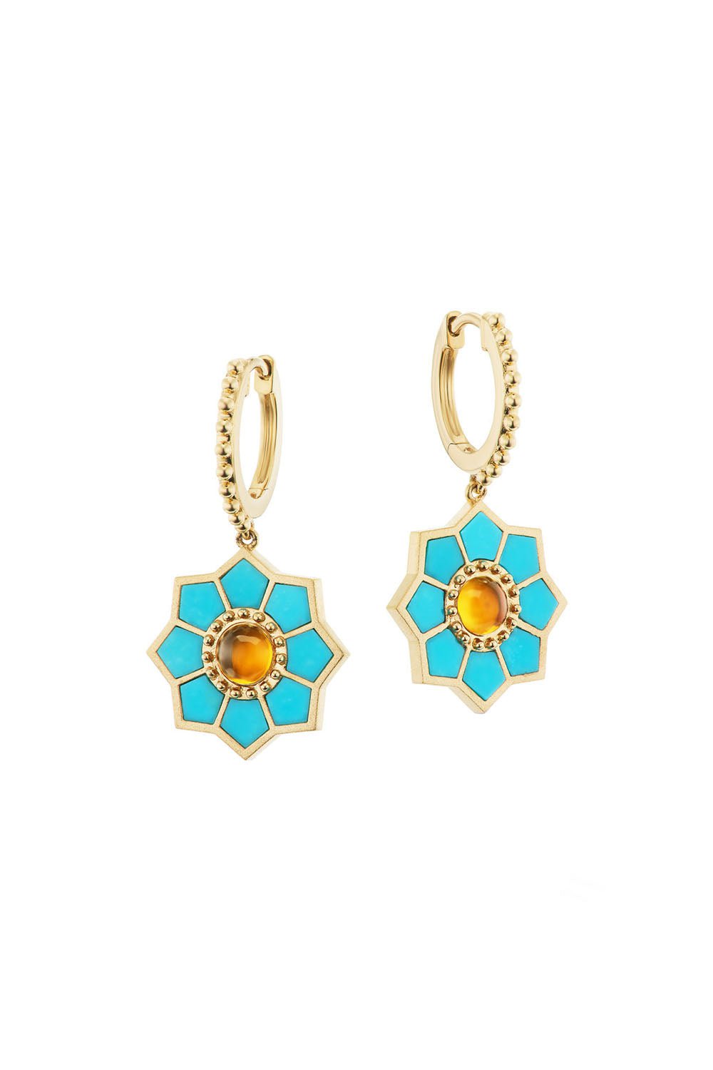 ORLY MARCEL-FEZ TURQUOISE HUGGIE EARRINGS-YELLOW GOLD
