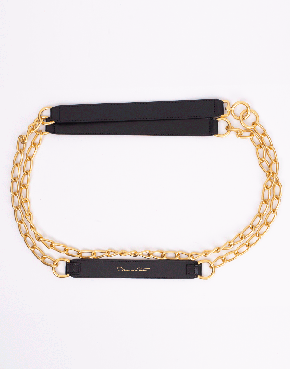 OSCAR DE LA RENTA-Black Leather and Chain Belt-BLACK