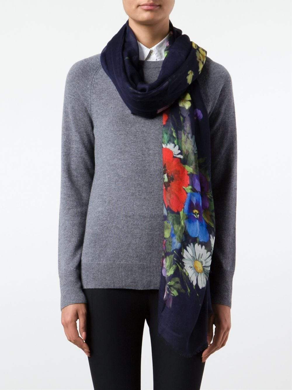 OSCAR DE LA RENTA-Floral Bouquet Scarf-NAVY