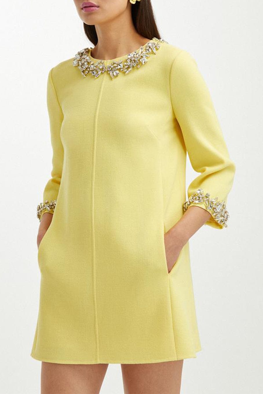 OSCAR DE LA RENTA-Three-Quarter Sleeve Crystal Shift Dress-BANANA