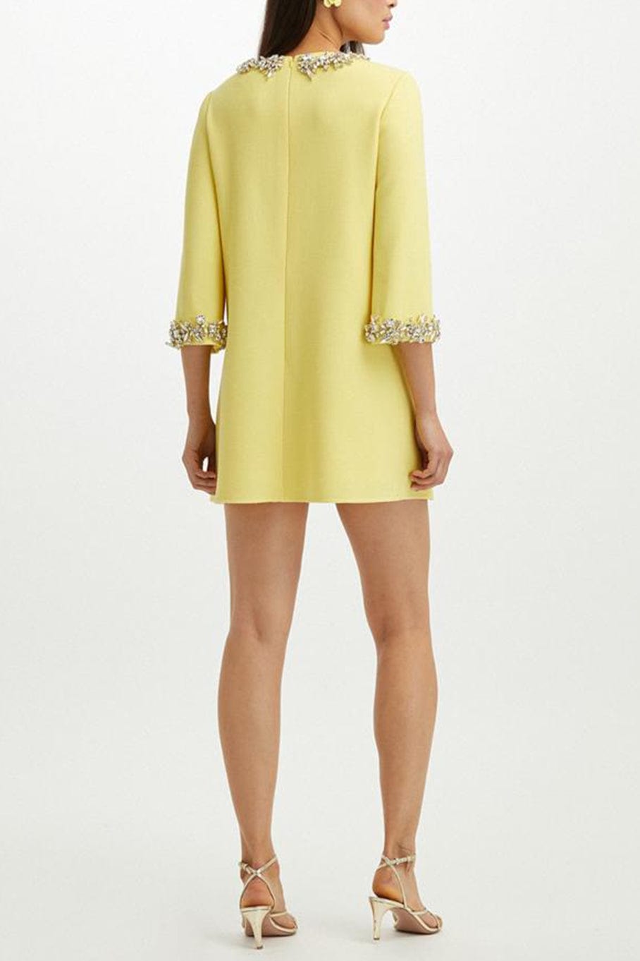 OSCAR DE LA RENTA-Three-Quarter Sleeve Crystal Shift Dress-BANANA