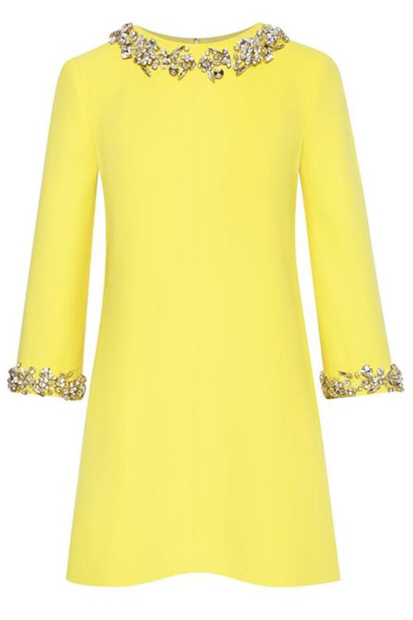 OSCAR DE LA RENTA-Three-Quarter Sleeve Crystal Shift Dress-BANANA