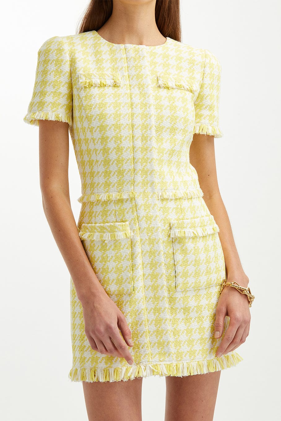OSCAR DE LA RENTA-Short Sleeve Mini Gingham Tweed Dress-