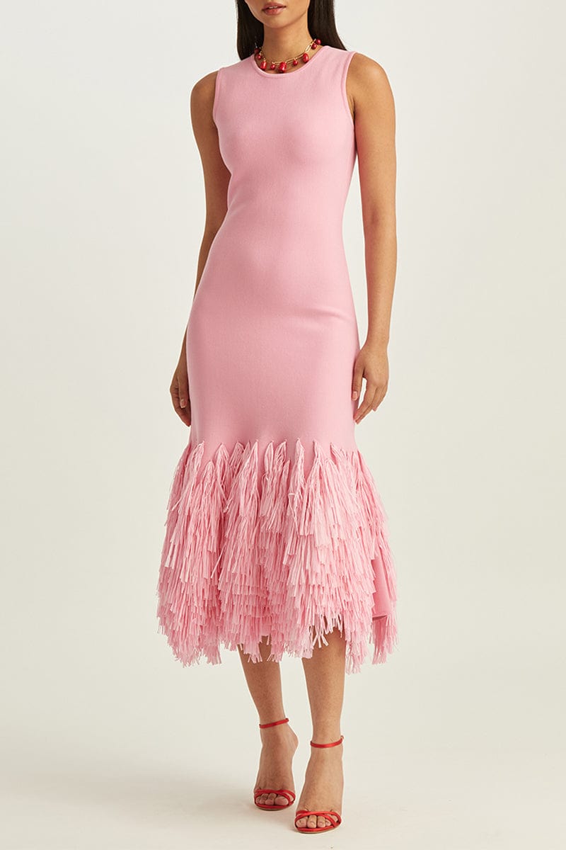 OSCAR DE LA RENTA-Raffia Trim Sleeveless Dress-