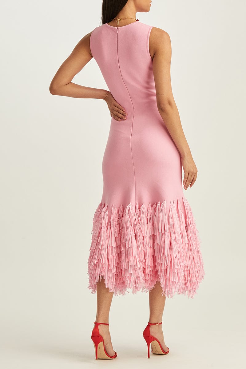 OSCAR DE LA RENTA-Raffia Trim Sleeveless Dress-