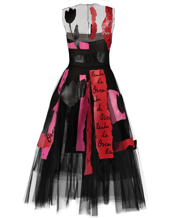 OSCAR DE LA RENTA-Embroidered Tulle Logo Dress-BLK/RED