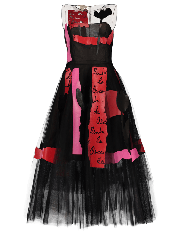 OSCAR DE LA RENTA-Embroidered Tulle Logo Dress-BLK/RED
