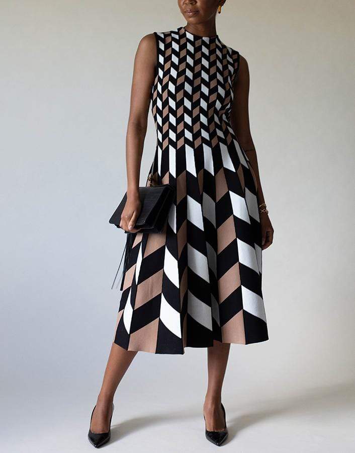 OSCAR DE LA RENTA-Sleeveless Graphic Pleated Midi Dress-BLK/WHT