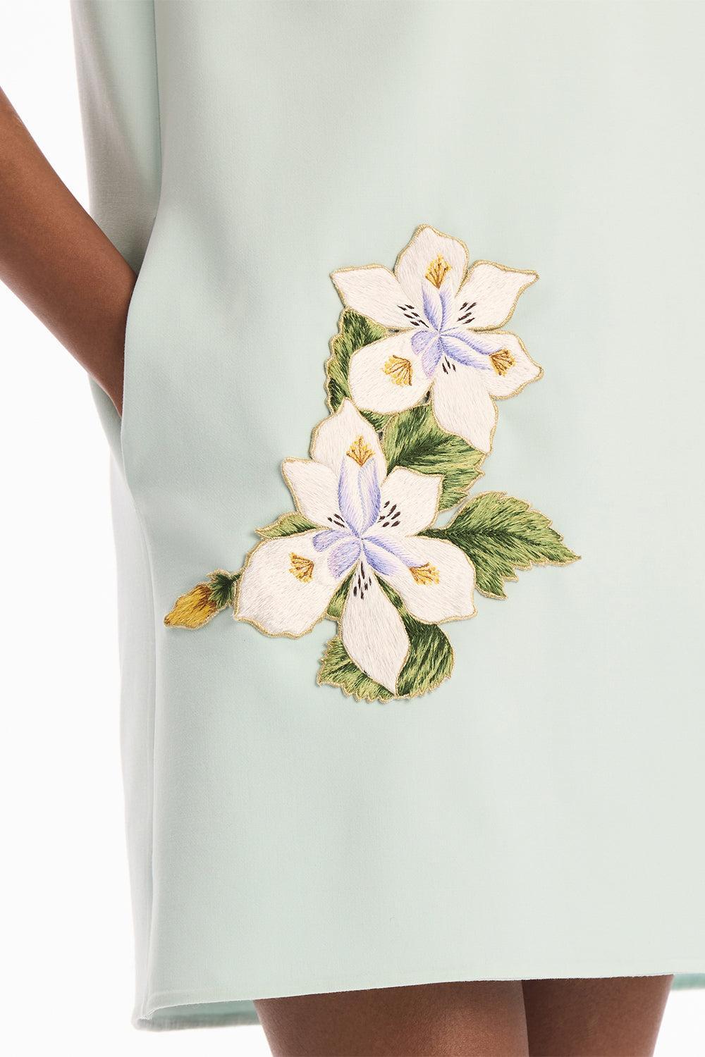 Short Sleeve Embroidered Collared Day Dress-BLUE-2-CLOTHINGDRESSCASUAL-OSCAR DE LA RENTA