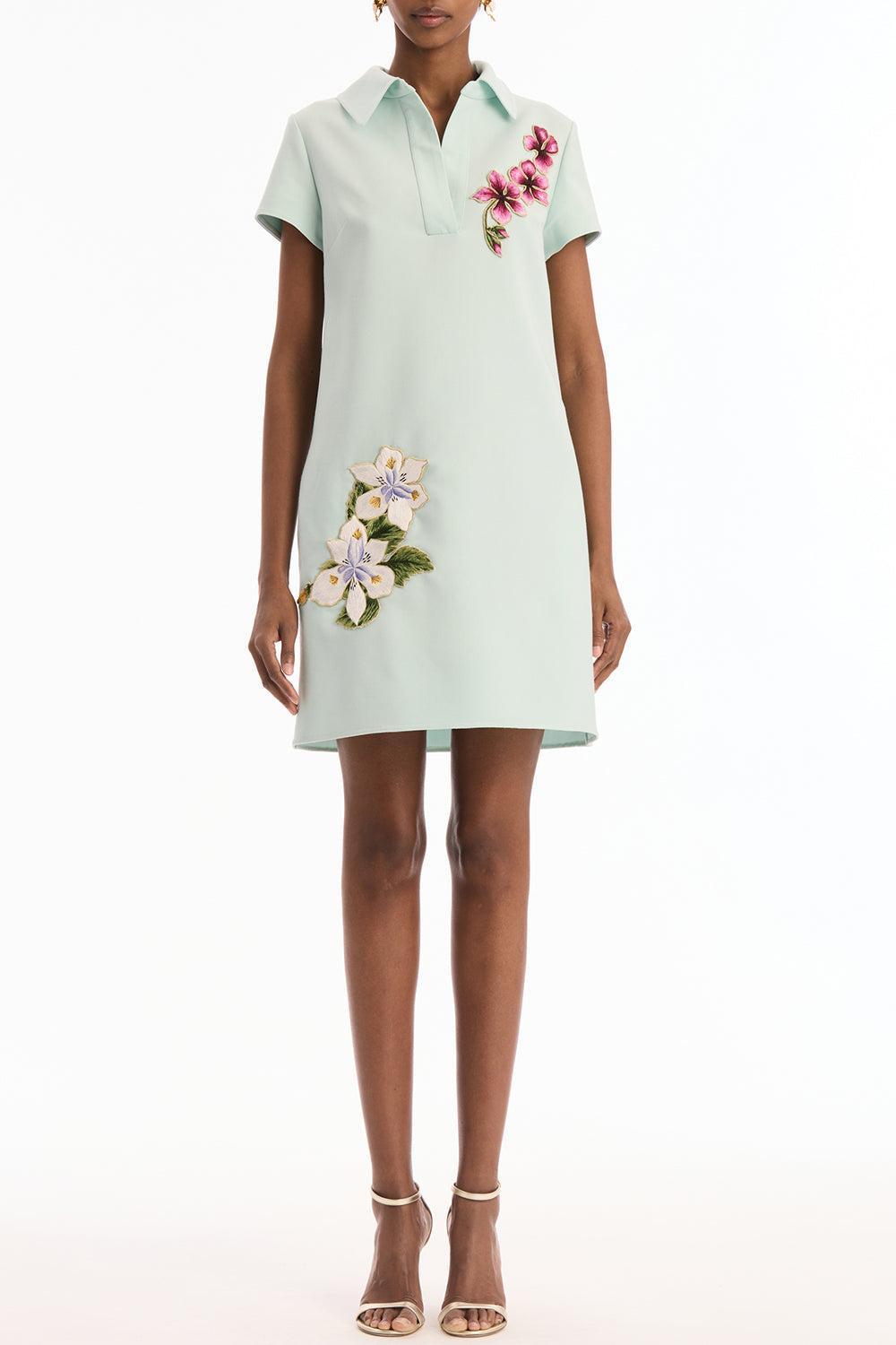 Short Sleeve Embroidered Collared Day Dress-BLUE-2-CLOTHINGDRESSCASUAL-OSCAR DE LA RENTA