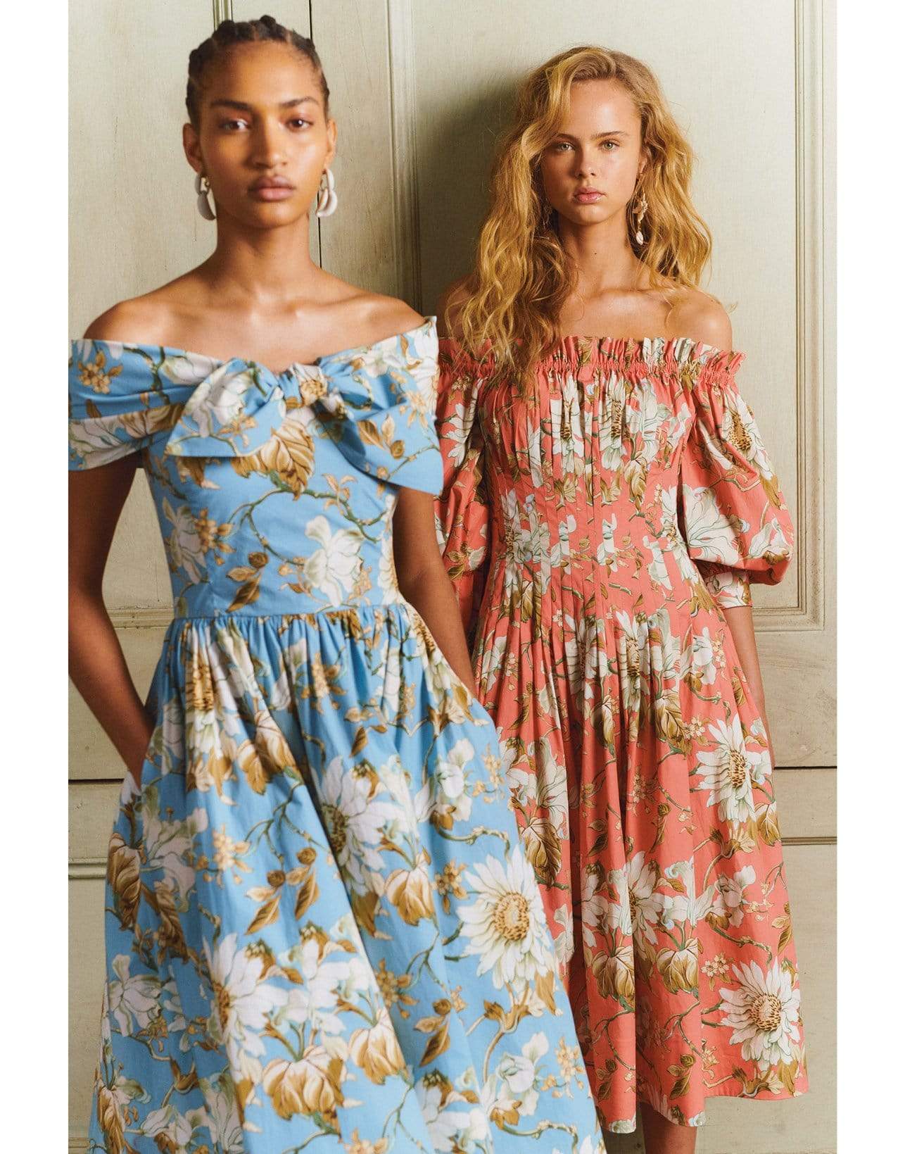 OSCAR DE LA RENTA-French Blue Printed Off Shoulder Midi Dress-BLUE