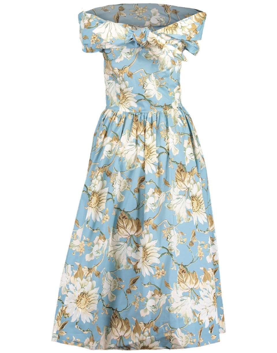 OSCAR DE LA RENTA-French Blue Printed Off Shoulder Midi Dress-BLUE