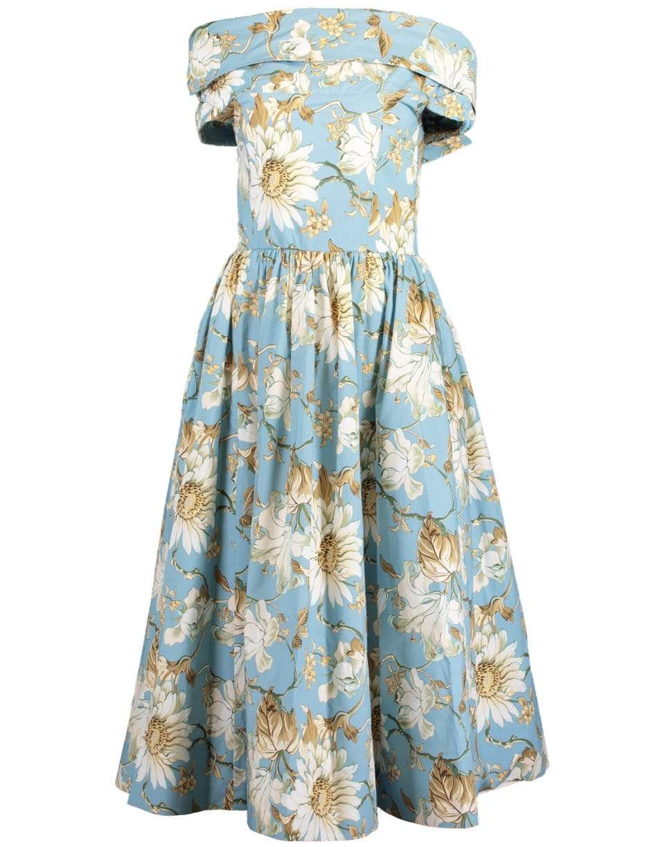 OSCAR DE LA RENTA-French Blue Printed Off Shoulder Midi Dress-BLUE