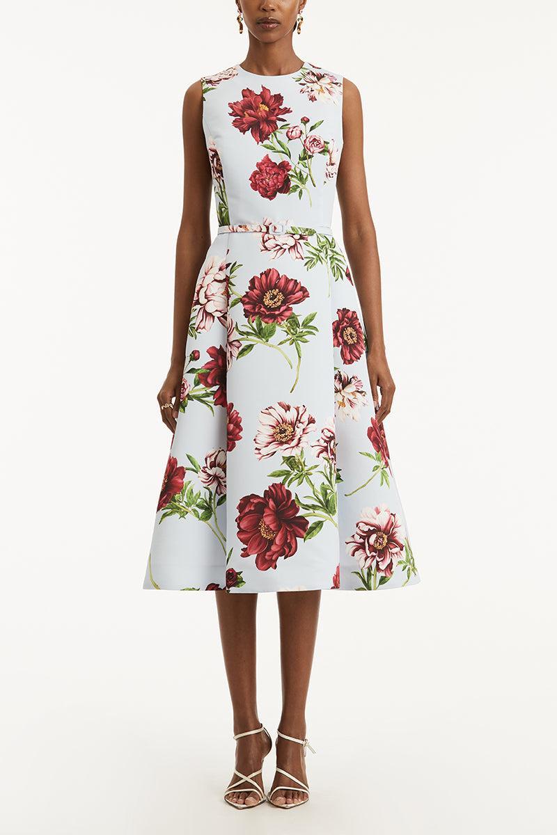 Peony Printed Day Dress-BLUE QUARTZ-4-CLOTHINGDRESSCASUAL-OSCAR DE LA RENTA