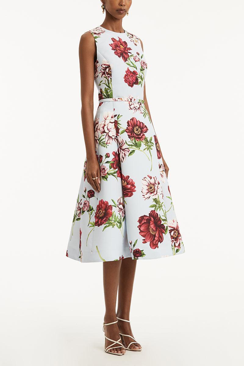 Peony Printed Day Dress-BLUE QUARTZ-4-CLOTHINGDRESSCASUAL-OSCAR DE LA RENTA