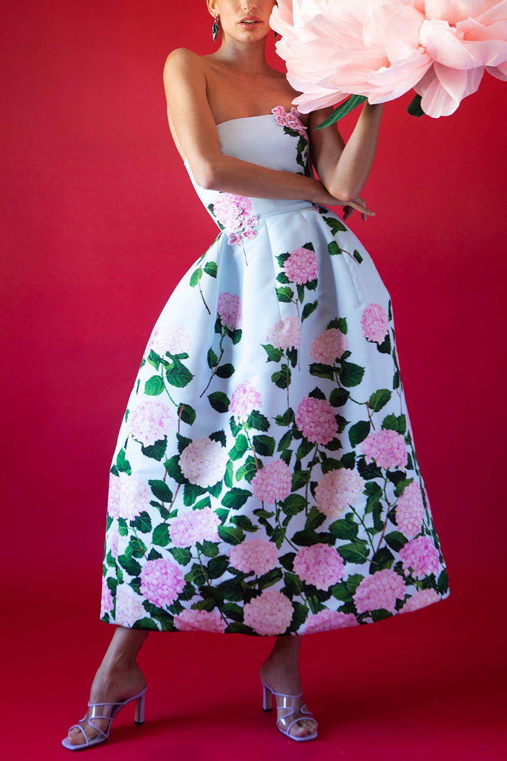 OSCAR DE LA RENTA-Strapless Hydrangea Faille Tea Dress-BLU/PINK