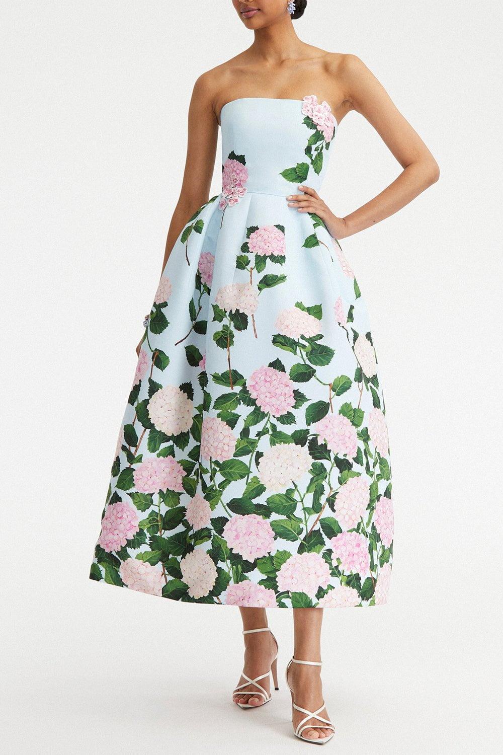 OSCAR DE LA RENTA-Strapless Hydrangea Faille Tea Dress-BLU/PINK