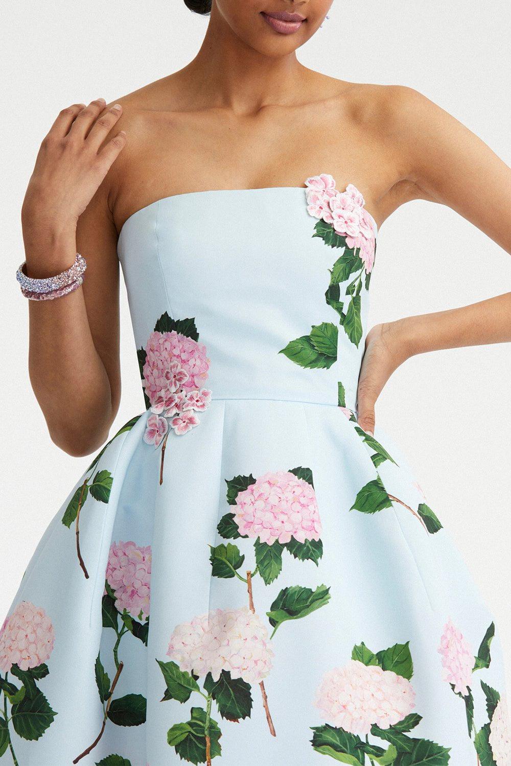 OSCAR DE LA RENTA-Strapless Hydrangea Faille Tea Dress-BLU/PINK